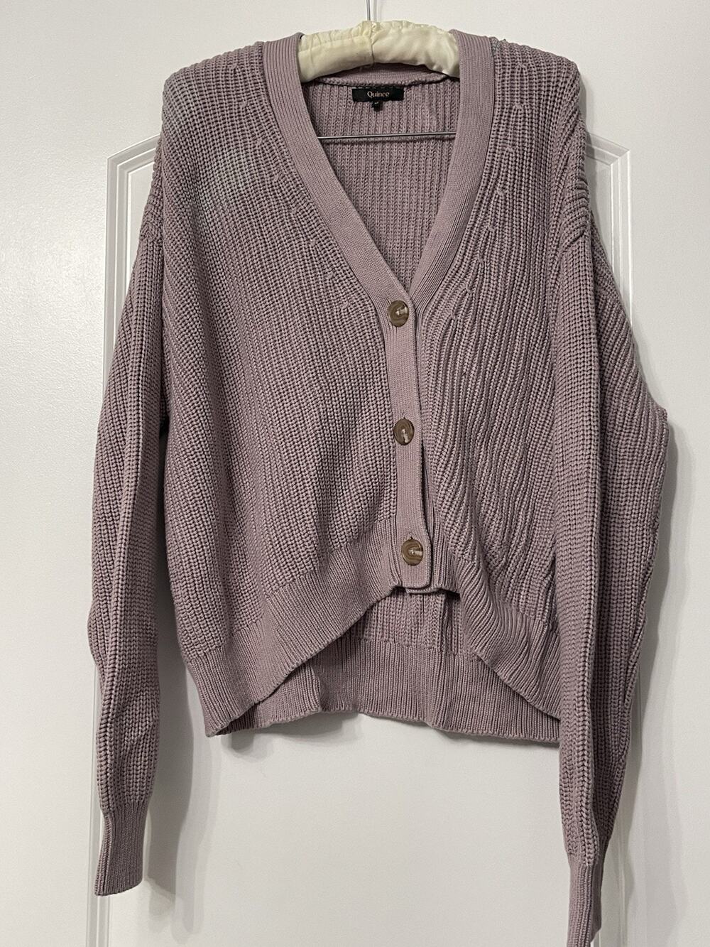 Quince 100% Organic Cotton Fisherman Boxy Cropped Cardigan Mauve Purple M EUC